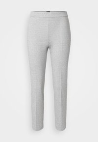 Sive, raztegljive hlače s prilagojenim krojem in gladko strukturo. Imajo širok pas in zožane hlačnice, zasnovane za udobje in enostavno gibanje.