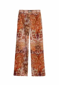 Pantalones acampanados con un patrón floral que presenta tonos naranjas, morados y beige. Fabricados con tejido ligero y de textura suave.