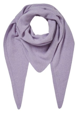 Sciarpa triangolare color lavanda tenue con maglia strutturata, piegata in un anello morbido con estremità appuntite che pendono verso il basso.