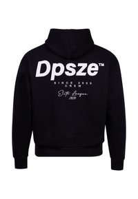Svart hettegenser med stor hvit tekst på baksiden: "Dpsze™ SINCE 2020 CREW" og "Elite League 2020" i skript-font.