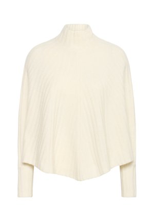 Krém színű bordázott kötött pulóver hosszú ujjakkal és magas, enyhén laza garbónyakkal.