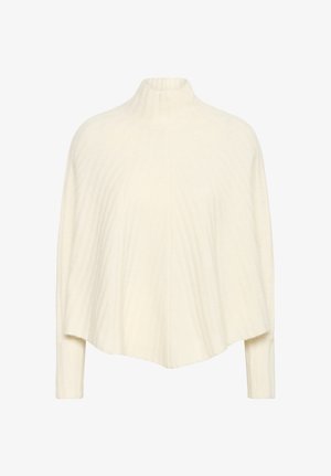 Krém színű bordázott kötött pulóver hosszú ujjakkal és magas, enyhén laza garbónyakkal.