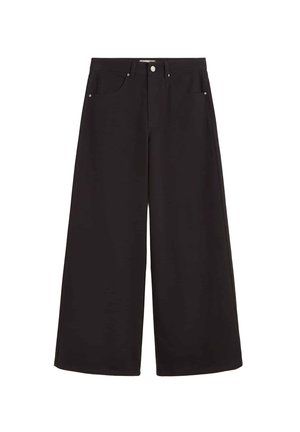 Schwarze weit geschnittene Hose aus glattem Stoff. Merkmale sind zwei vordere Taschen und ein klassischer Knopfverschluss an der Taille.