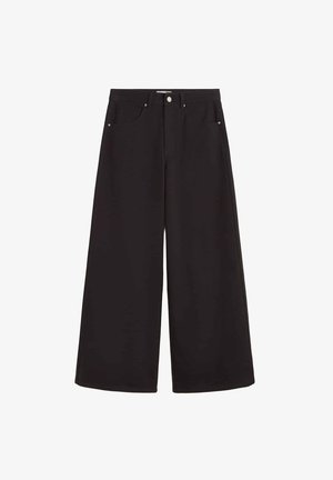 Black wide-leg trousers made of smooth fabric. Features include two front pockets and a classic button closure at the waist.