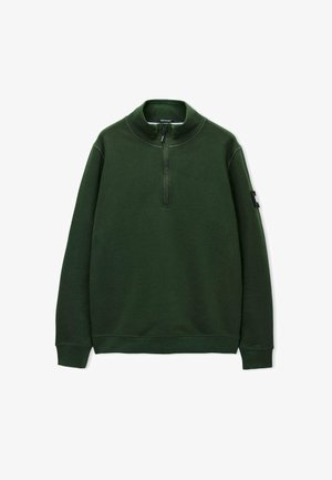 Tume roheline kampsun pehmest kangast, millel on kõrge krae, poolik tõmblukk ja väike must logoäpp kätisel.