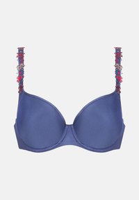 Navy blue bra with smooth, padded cups; intricate embroidered floral straps in red, blue, and gold; back closure detail not visible.