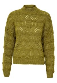Grüner gestrickter Pullover mit hohem Kragen, strukturiertem Muster mit Rauten und gerippten Bündchen sowie Saum. Atmungsaktives Material.