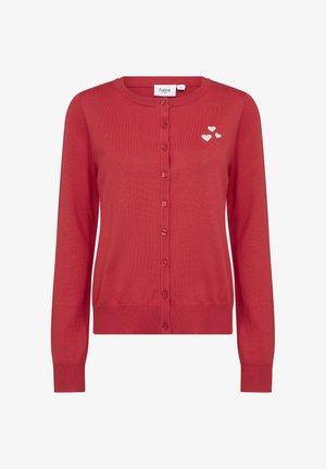 Cardigan rosso lavorato a maglia con maniche lunghe, colletto rotondo, chiusura con bottoni e tre cuori ricamati sul lato sinistro.