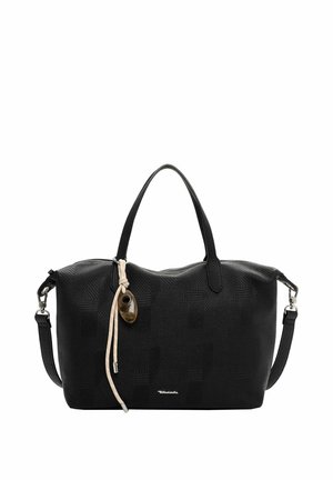 Bolso de mano de cuero negro con textura, con dos asas y correa de hombro extraíble, con cordón beige y cuenta decorativa marrón.