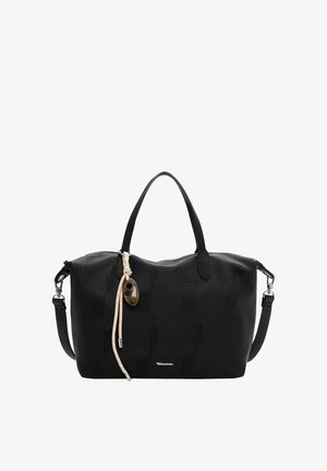 Bolso de mano de cuero negro con textura, con dos asas y correa de hombro extraíble, con cordón beige y cuenta decorativa marrón.