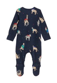 Marineblauer Langarmstrampler mit Tierdruck, der Giraffen, Zebras und Leoparden zeigt, dekoriert mit bunten Pullovern und Hüten.