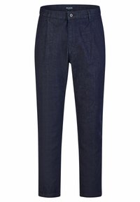 Marineblauwe broek van textuurstof, met een knoopsluiting, zijzakken en een rechte pijp.