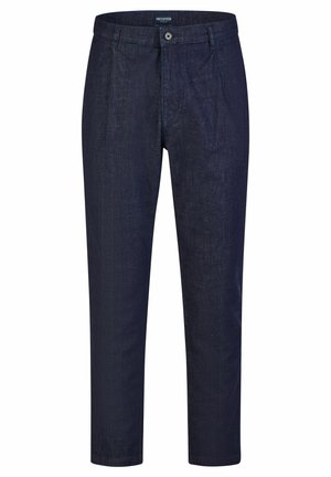 Pantalon bleu marine en tissu texturé, doté d'une fermeture à bouton, de poches latérales et d'une coupe droite.