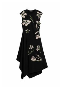 Schwarzes Kleid mit floralem Druck in sanftem Pink und Grün. Mit einem Cap-Ärmel-Design und einem asymmetrischen Saum. Hergestellt aus leichtem Stoff.