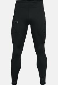 Leggings sportivi neri con un design aderente, realizzati in materiale elastico. Presentano sottili perforazioni vicino alla caviglia e il logo sul davanti.