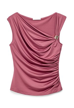 Ärmelloses mauvefarbenes Oberteil mit drapiertem Stoff, der an der rechten Schulter zusammengezogen und durch eine goldfarbene Klammer gesichert ist, sowie mit gerafften Details auf der rechten Seite.