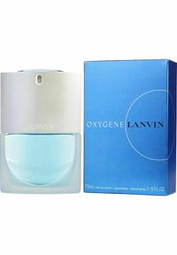 OXYGENE LANVIN parfume i en rektangulær, frostet glasflaske med en lys blå væske, ledsaget af en blå æske med afrundede detaljer.