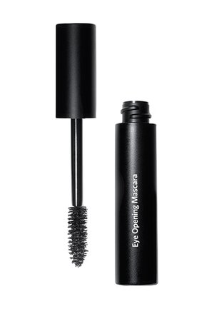 Schwarze Mascara-Tube mit der Aufschrift "Eye Opening Mascara", bei der die Kappe entfernt wurde und eine Spoolie-Bürste sichtbar ist.