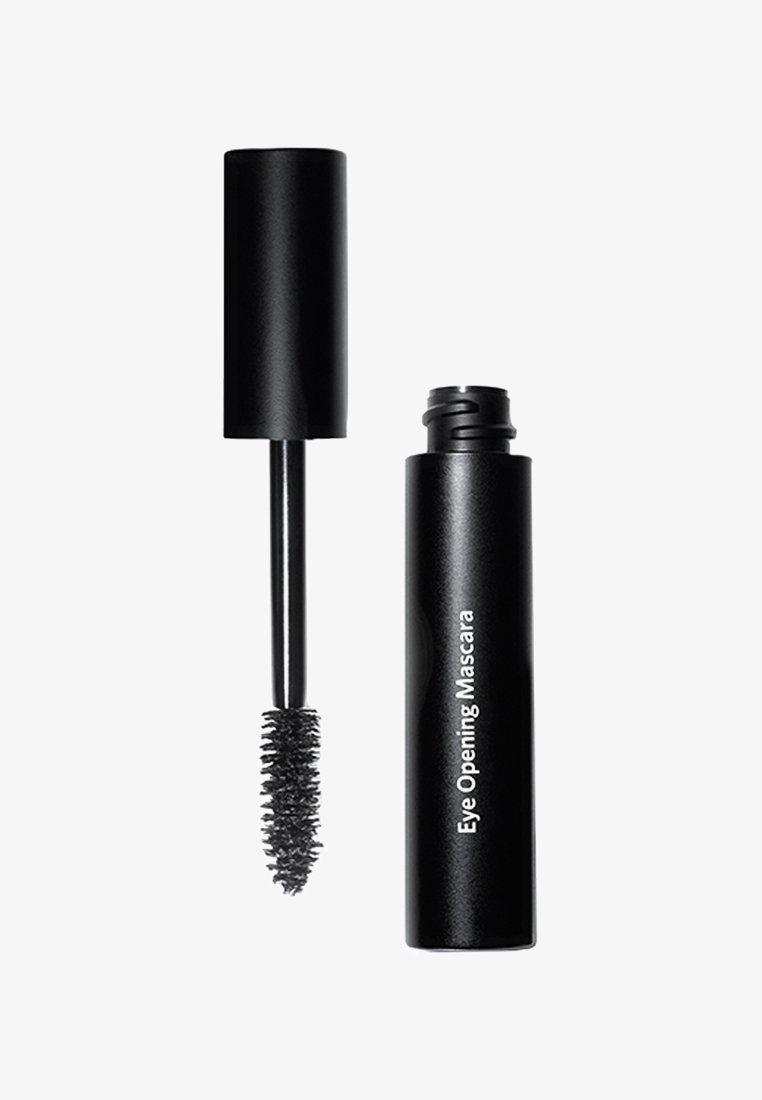 Black mascara tube labeled "Eye Opening Mascara" with the cap removed, showing a spoolie brush applicator.