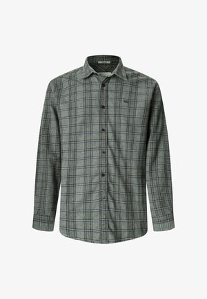 Szara koszula z długim rękawem w kratę z niebieskimi i czarnymi liniami. Posiada kołnierzyk zapinany na guziki oraz guziki z przodu. Miękka tekstura tkaniny.