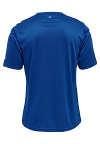 Blå kortærmet sportstrøje lavet af glat, let materiale. Har en rund hals og diskret branding på ryggen.