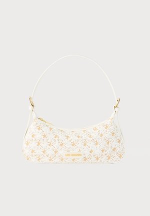 White shoulder bag with daisy lace overlay and gold hardware, featuring a "LOVE MOSCHINO" logo plaque on the front.