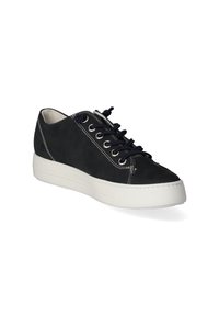 Černé semišové tenisky s bílou gumovou podrážkou, kulatou špičkou, šesti dírkami na šňůrky a kontrastním bílým prošíváním. Šn ěrovací design s plochými šňůrami.