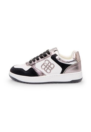 Sneaker with white, black, and metallic accents. Features suede and shiny materials, round toe, textured surface, and logo detail on the side.