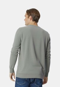Maglione a maglia grigio chiaro con maniche lunghe, polsini e orlo a coste. Caratterizzato da uno scollo tondo e una texture liscia e morbida.