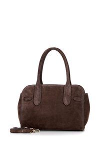 Borsa in suede marrone con due manici superiori e una tracolla rimovibile. Caratterizzata da una texture liscia e un design minimalista.