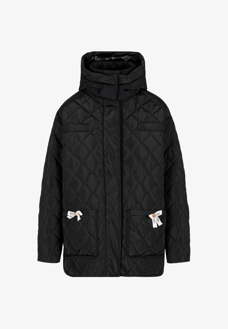 Zwarte gewatteerde jas met capuchon, voorzien van twee voorzakken met decoratieve strikjes, een ritsluiting en een gestructureerd synthetisch materiaal.