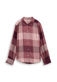 Lange mouwen, kraagshirt in verschillende tinten roze en bordeauxrood, met een geruit patroon, knoopsluiting aan de voorkant en elastische manchetten.