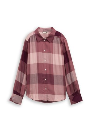 Langärmliges, kragenloses Hemd in verschiedenen Rosa- und Burgundertönen, mit einem karierter Muster, Knopfleiste und elastischen Bündchen.