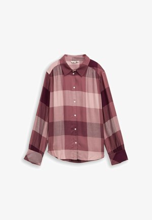 Lange mouwen, kraagshirt in verschillende tinten roze en bordeauxrood, met een geruit patroon, knoopsluiting aan de voorkant en elastische manchetten.