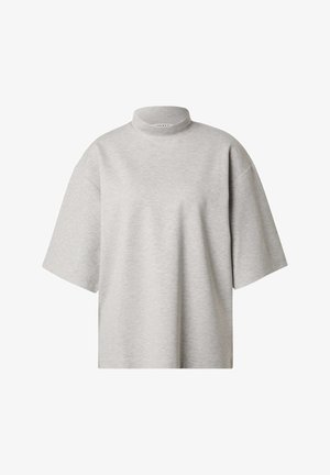 Gray, short-sleeve t-shirt with a high neck. Made from a soft, lightweight fabric; features a relaxed fit and minimalistic design.