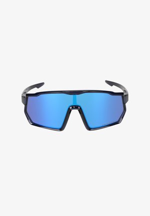 Lunettes de soleil de sport à monture noire avec de grandes verres enveloppants bleu miroir et des branches légèrement courbées.
