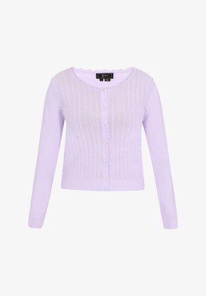 Lila kardigán, könnyű kötött anyagból, függőleges csíkozott mintázattal, fodros dekoltázzsal és díszgombokkal ellátott elülső gombolással.