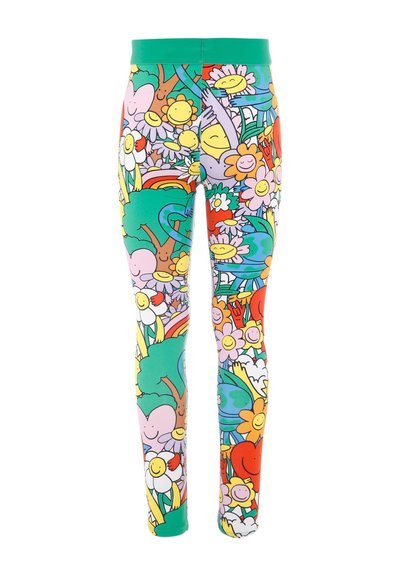 Leggings colorati realizzati in materiale elasticizzato con una stampa floreale vivace e personaggi dei cartoni animati, dotati di una vita verde.