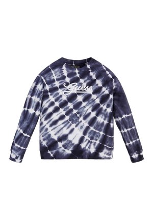 Sweat-shirt à manches longues tie-dye bleu marine et blanc avec le logo "Guess" brodé en blanc sur la poitrine.