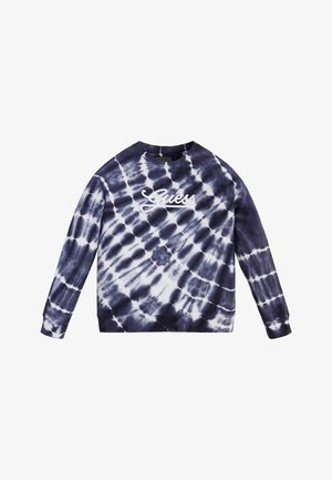 Sweat-shirt à manches longues tie-dye bleu marine et blanc avec le logo "Guess" brodé en blanc sur la poitrine.