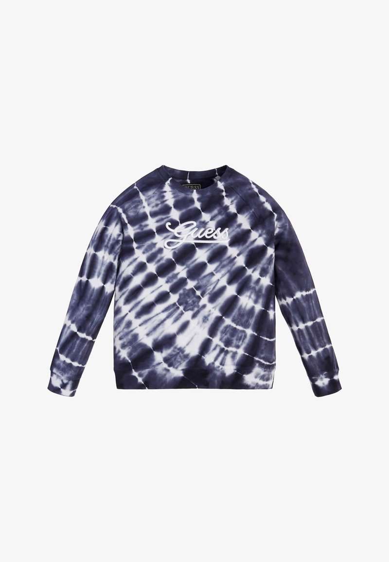 Sweat-shirt à manches longues tie-dye bleu marine et blanc avec le logo "Guess" brodé en blanc sur la poitrine.