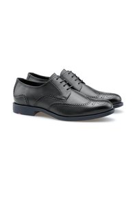Schwarze Leder-Dressschuhe mit glatter Oberfläche, Brogue-Details und einer blauen Laufsohle. Verfügt über fünf Ösen für Schnürsenkel und eine abgerundete Zehenpartie.