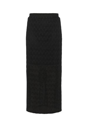 Črna midi krila z teksturiranim, cik-cak vzorcem. Elastičen pas in ustrezen silhueta, ki ima prosojni spodnji del.