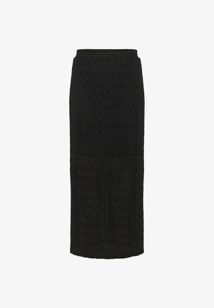Czarna midi spódnica z teksturowanym, zygzakowatym wzorem. Elastyczny pas i dopasowany krój, z przezroczystą dolną częścią.