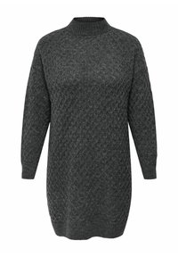 Stickad klänning i mörkgrått, med en texturerad diamantmönster, hög krage och långa ärmar. Mjukt tyg med ribbade mudd.