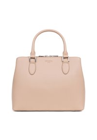 Borsa a tracolla in pelle beige con superficie testurizzata, dotata di due manici arrotondati, accessori in argento e chiusura a zip. Il design presenta una silhouette strutturata.