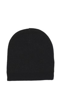 Cappello beanie nero in maglia con la parte superiore rotonda e orlo a coste, mostrato piatto su uno sfondo bianco.