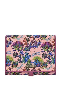 Roze clutch met kleurrijke bloemen- en libelprints, paarse afwerking en een gouden Anuschka-logaplaatje op de voorklep.