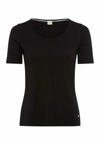 T-shirt nero a maniche corte realizzato in tessuto morbido e liscio. Dotato di scollatura rotonda e di un piccolo logo vicino all'orlo.
