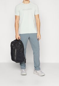 Jasnozielona koszulka z krótkim rękawem z logo "Mammut", zestawiona z szarymi spodniami i czarnym plecakiem z zamkami błyskawicznymi oraz kieszeniami bocznymi.